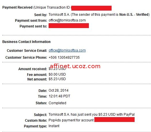 Popads Payment Proof $5.23 (28 oct 2014)