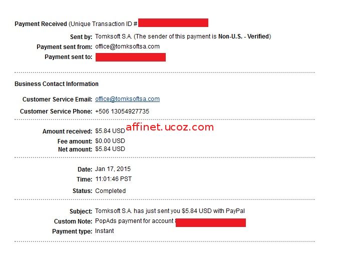 Popads Payment Proof $5.84 (Ian 17,2015)