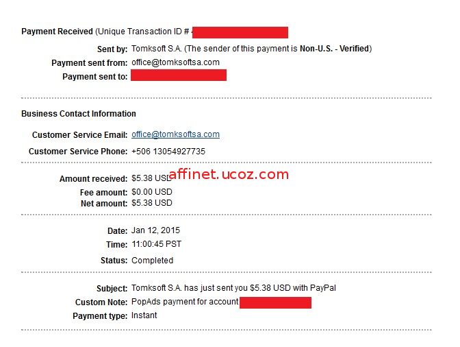 Popads Payment Proof $5.38 (Ian 12,2015)