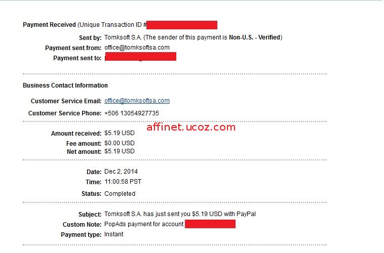 Payment Proof Popads.net, Amount recived: $5,19 -  Instant