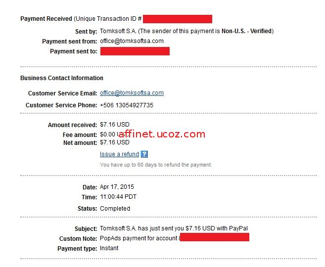 Amount recived: $7,16 (Popads.net Payment Proof)