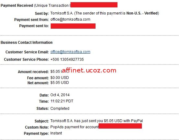 Payment Proof Popads.net - Amount recived: $5,05 - Oct 4,2014