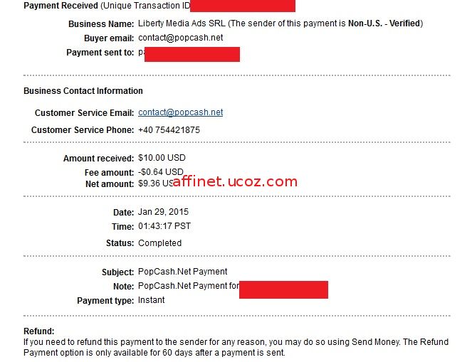 Payment Proof Popcash -Net amount $9.36 (29 Ian 2015) - 15th Payment from Popcash