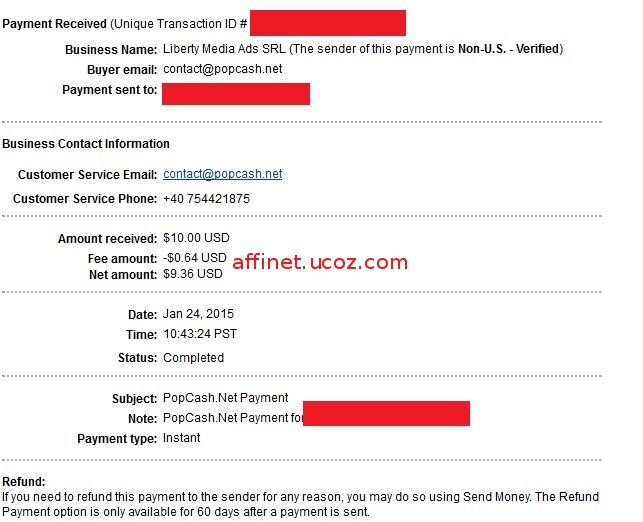 Payment Proof Popcash -Net amount $9.36 (24 Ian 2015) - 14th Payment from Popcash