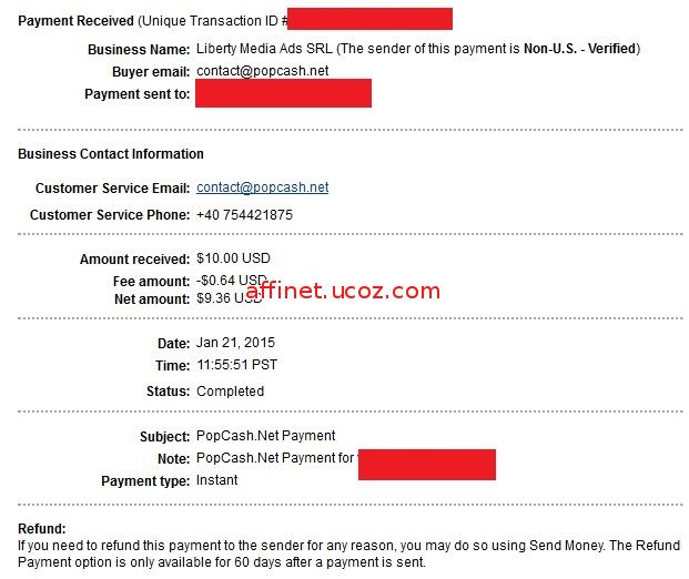 Payment Proof Popcash -Net amount $9.36 (21 Ian 2015) - 13th Payment from Popcash