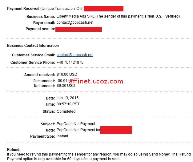 Payment Proof Popcash -Net amount $9.36 (13 Ian 2015) - 11th Payment from Popcash