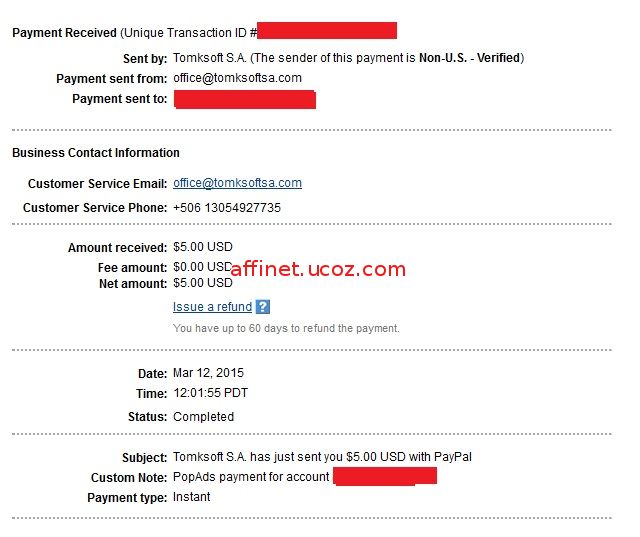 Popads Payment Proof $5.00 (12 mar 2015)