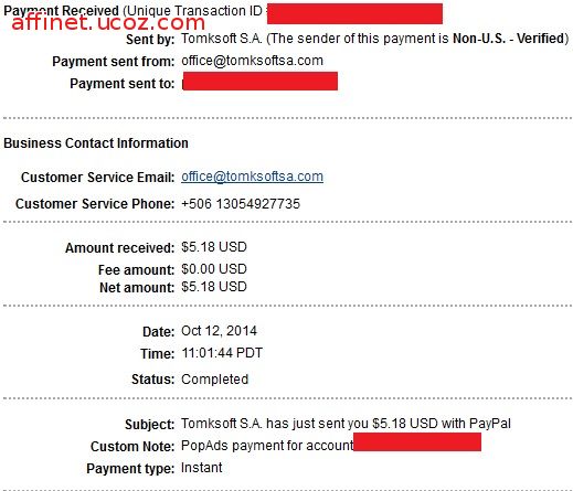 Popads Payment Proof $5.18 (12 oct 2014)