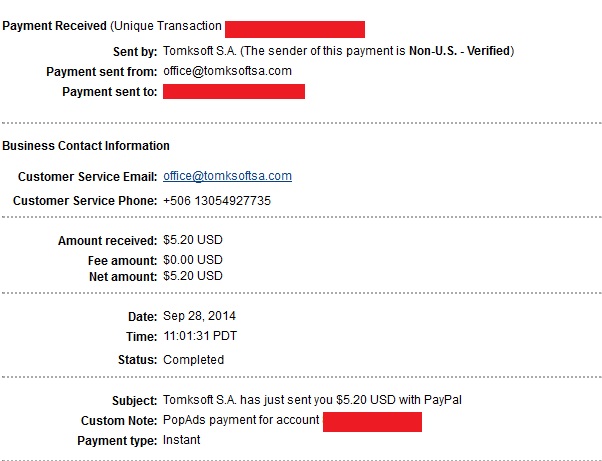 Popads Payment Proof $5 (2014/sep/28)