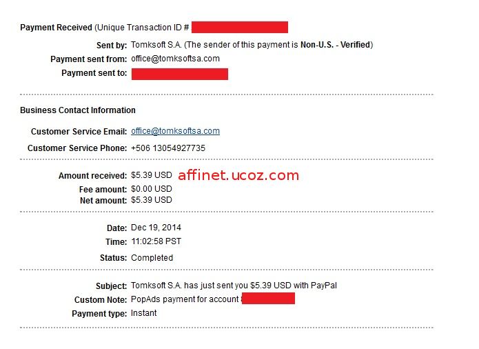 Popads Payment Proof $5.39 (19 dec 2014)