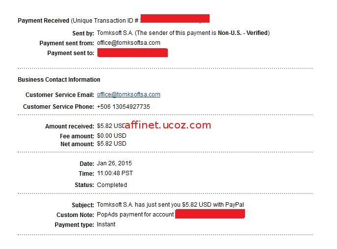 Popads Payment Proof $5.82 (Ian 26,2015)
