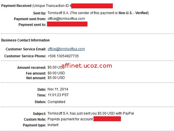 Payment Proof Popads.net,Amount recived: $5,00 -  Instant,Date: Nov 11,2014