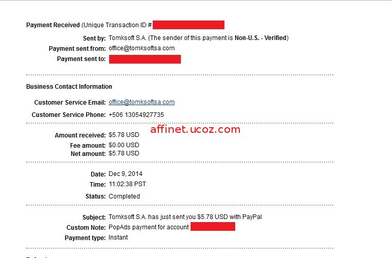 Payment Proof Popads.net, Amount recived: $5,78 -  Instant ( Dec 9,2014)