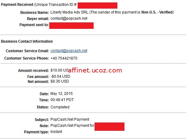 My 33rd payment from Popcash - $9.36 (May 12, 2015)