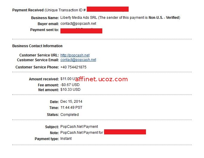 Payment Proof 6th from Popcash . Net amount $10.33