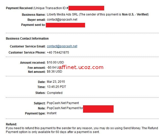 My 24th payment from Popcash / Net amount $9.36 / (Mar 23, 2015)