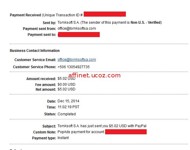 Popads Payment Proof $5.02 (15 dec 2014)