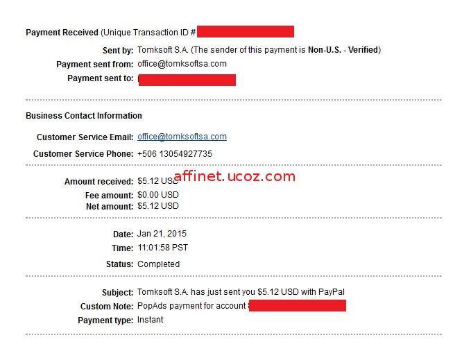 Popads Payment Proof $5.12 (21 ian 2014)