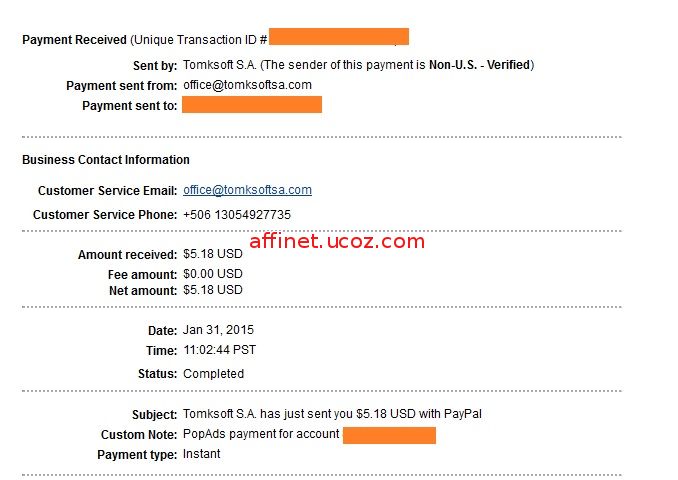 Popads Payment Proof $5.18 (31 ian 2014)