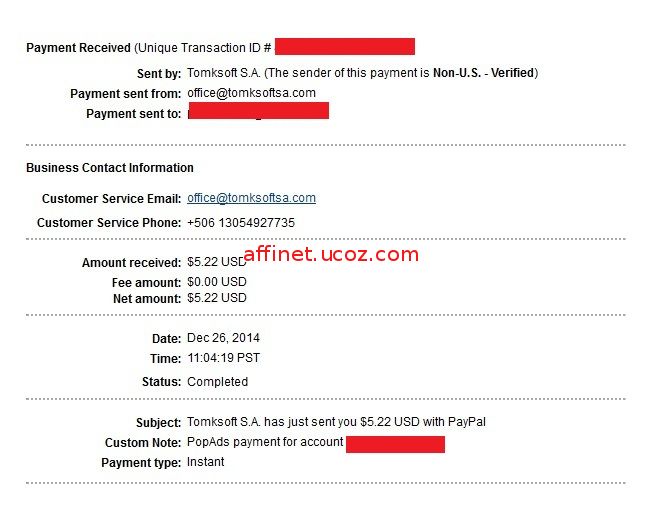 Popads Payment Proof $5.22 (26 dec 2014)