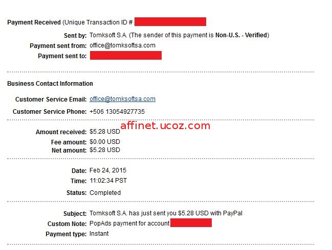 Popads Payment Proof $5.28 (24 feb 2015)