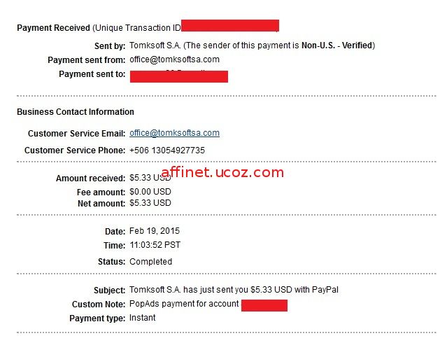 Popads Payment Proof $5.33 (19 feb 2015)