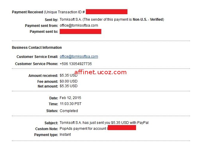 Popads Payment Proof $5.35 (12 feb 2015)
